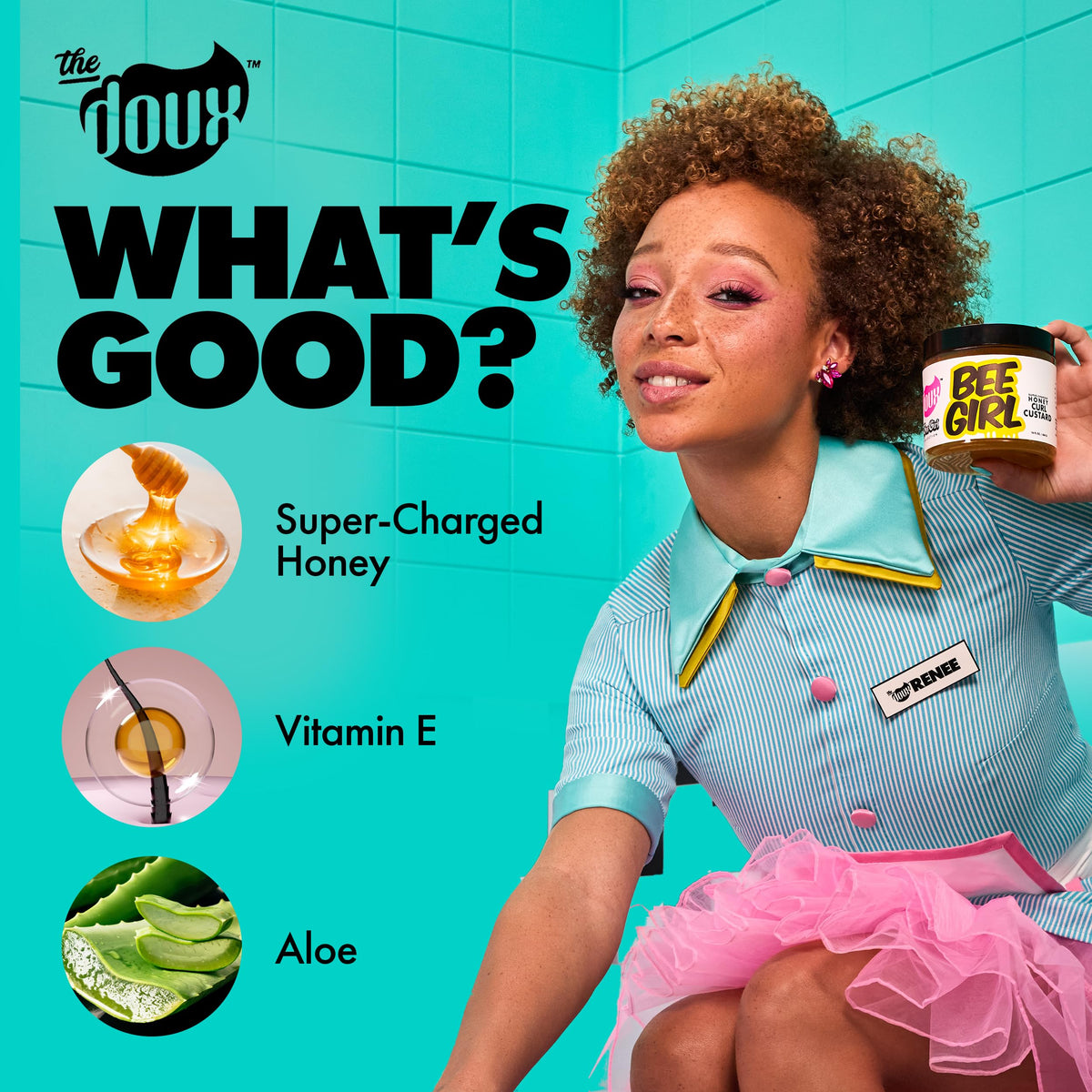 The Doux Bee Girl label and ingredients panel showing active hair-nurturing components
