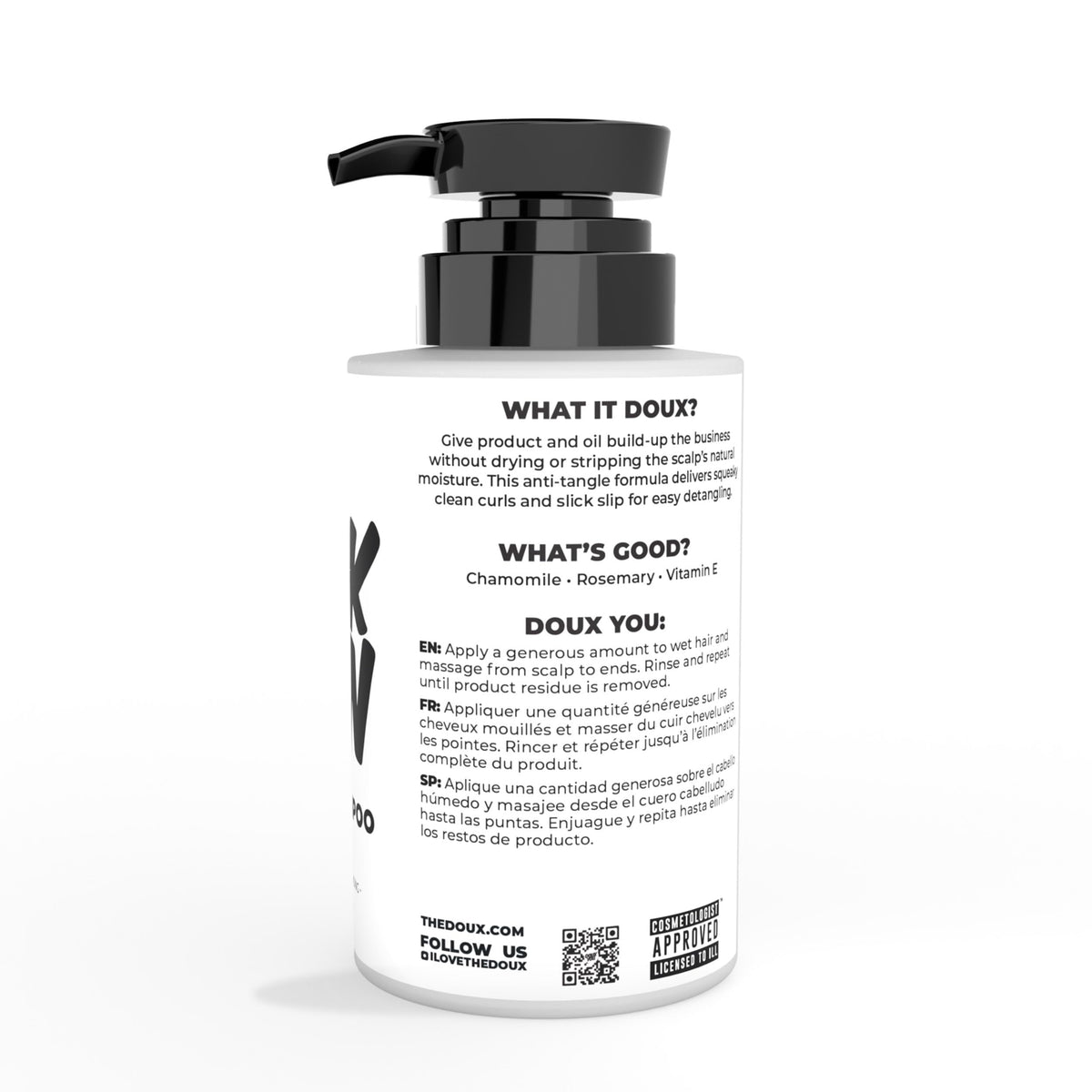 The Doux bottle texture close-up highlighting gentle formula and viscosity