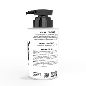 The Doux bottle texture close-up highlighting gentle formula and viscosity