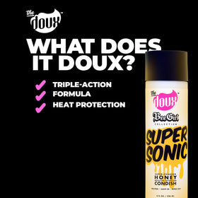 The Doux used on wet curly hair showing defined, frizz-reduced curls after use