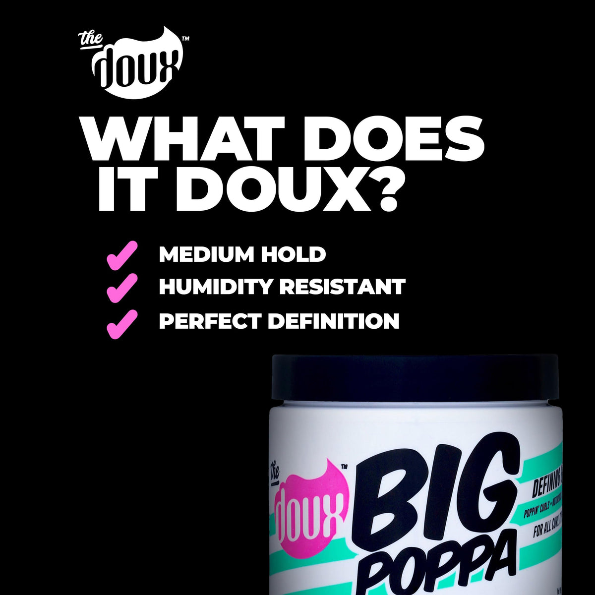 The Doux size and label shot showing ingredients and usage benefits