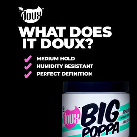 The Doux size and label shot showing ingredients and usage benefits