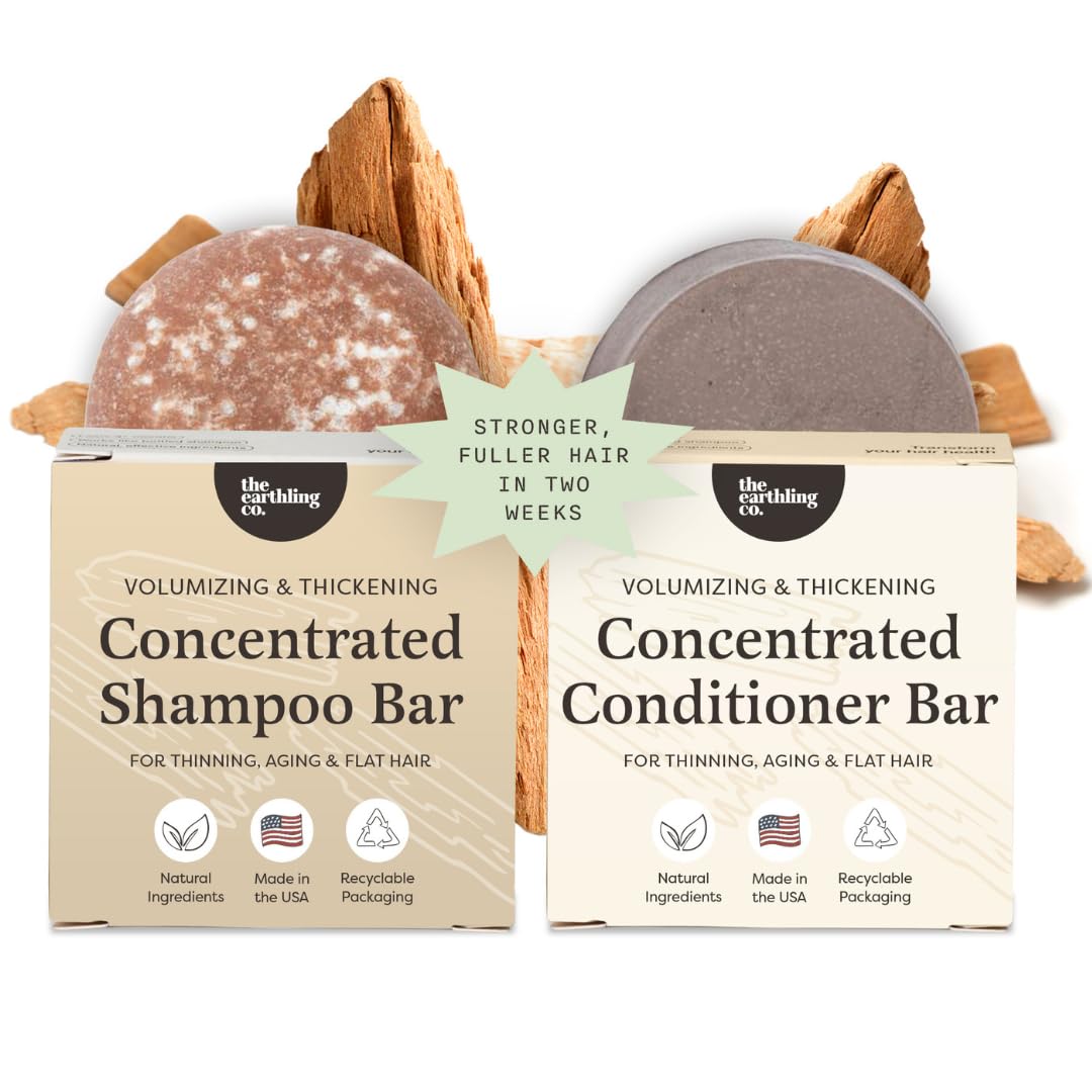 The Earthling Co. front packaging of volumizing shampoo and conditioner bars showing sustainable design and clear benefits