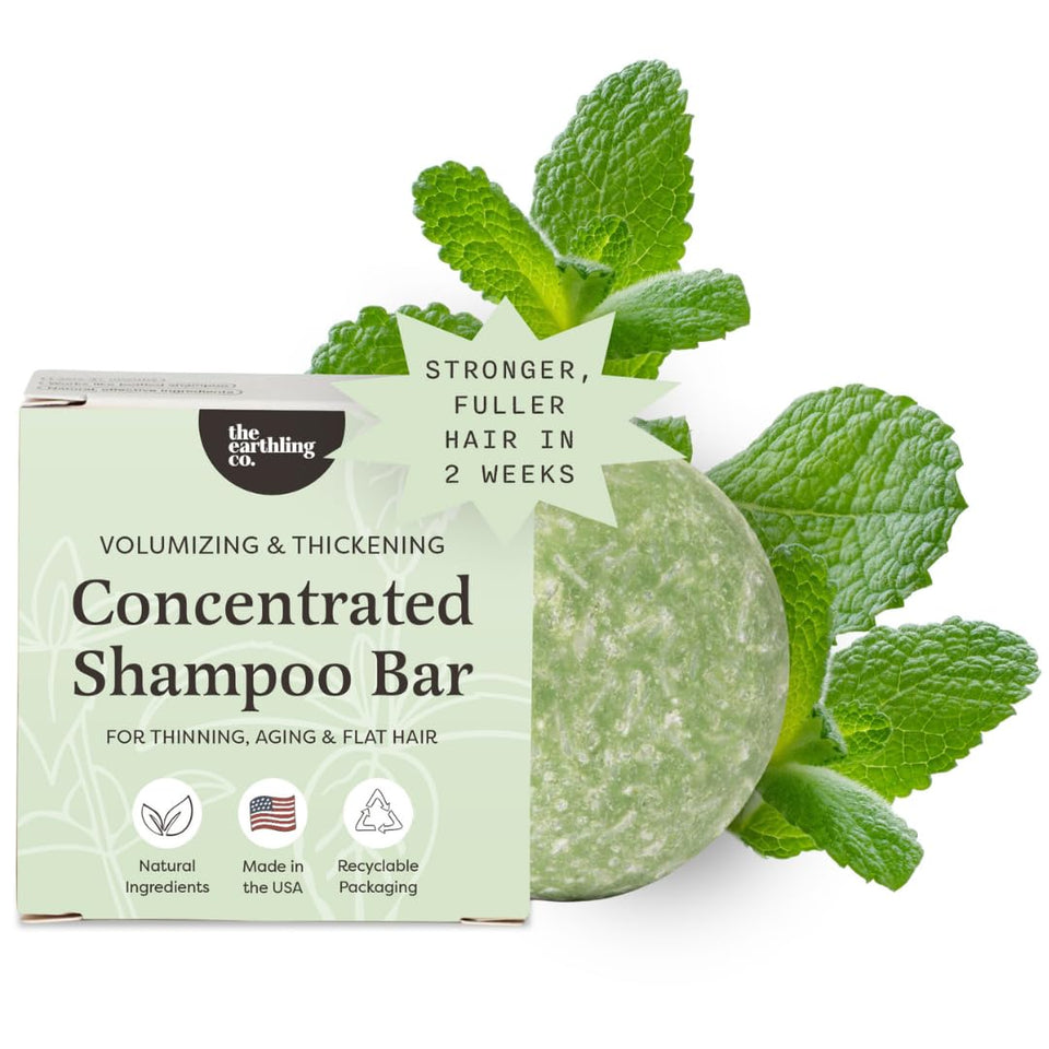 The Earthling Co. shampoo bar front packaging showing brand and clean design, sustainable benefit