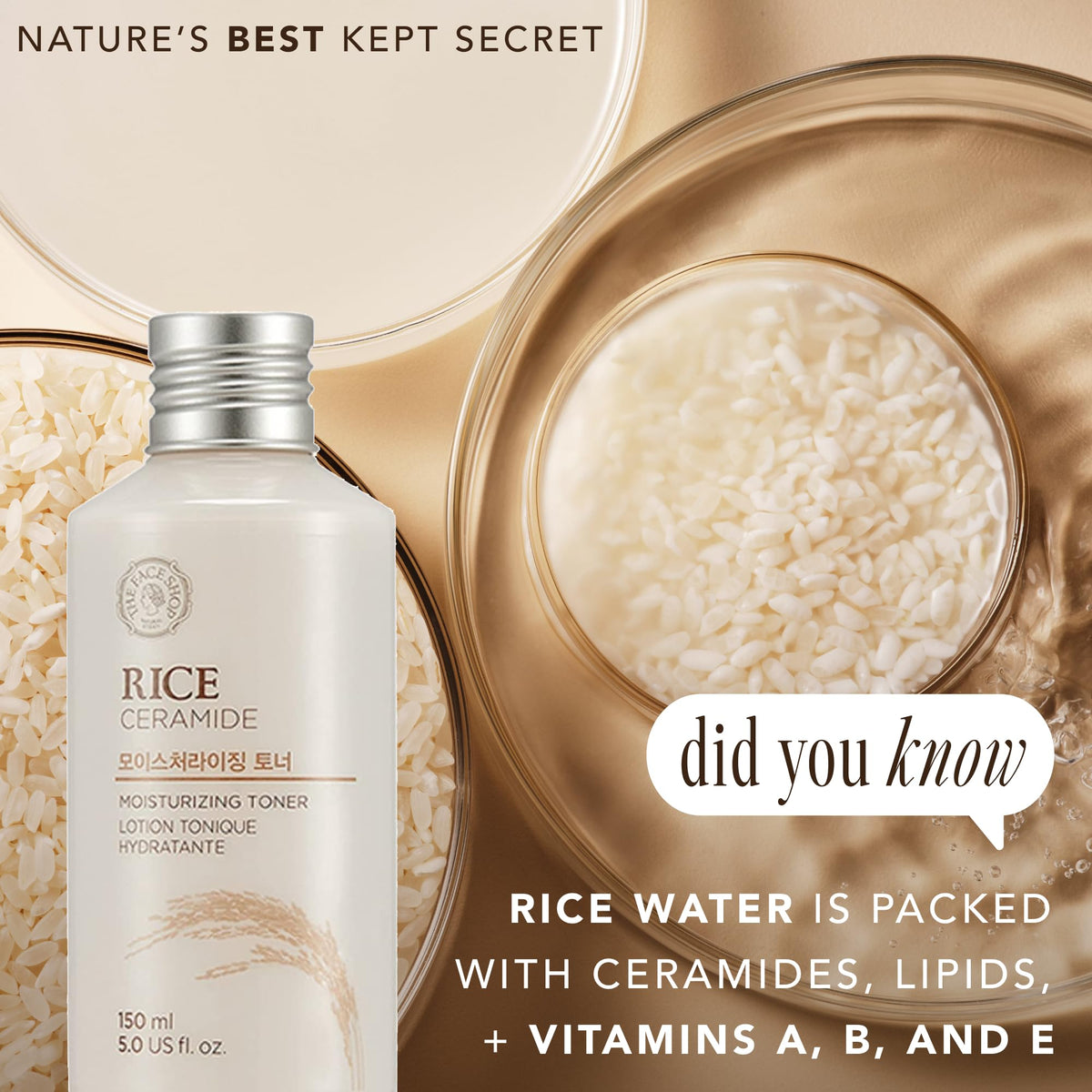THE FACE SHOP ingredient panel close-up showing rice and ceramide quality benefit