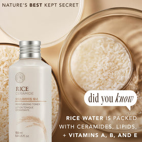 THE FACE SHOP ingredient panel close-up showing rice and ceramide quality benefit