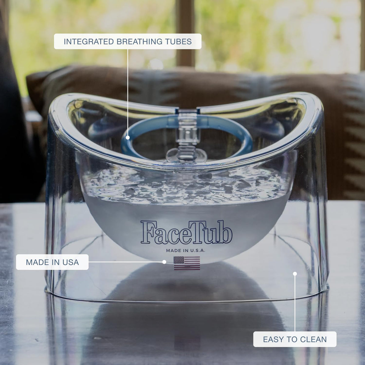 The FaceTub breathing tube close-up showing comfortable airflow during facial plunge
