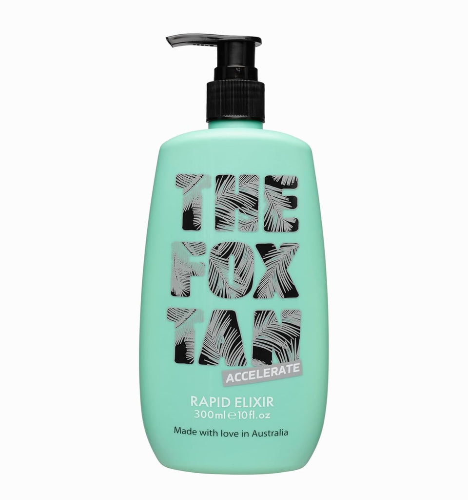 The Fox Tan bottle front view showing label and 300mL size for easy identification