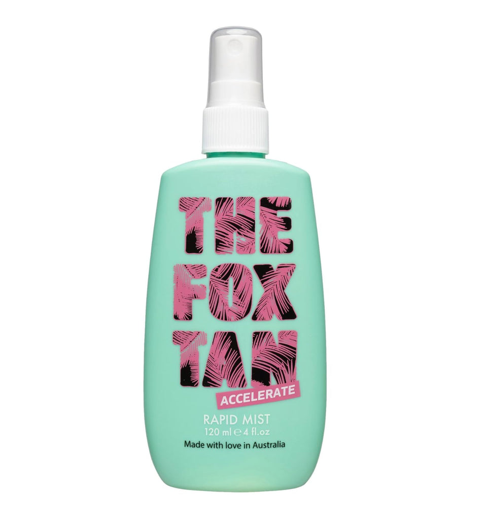The Fox Tan front packaging showing sleek bottle and quick application benefit