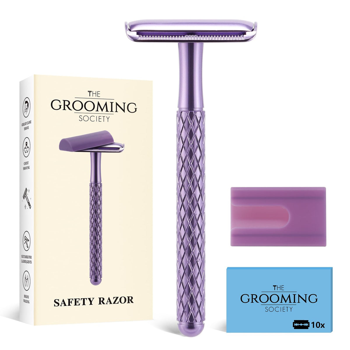 THE GROOMING SOCIETY purple razor front view showing design and durability