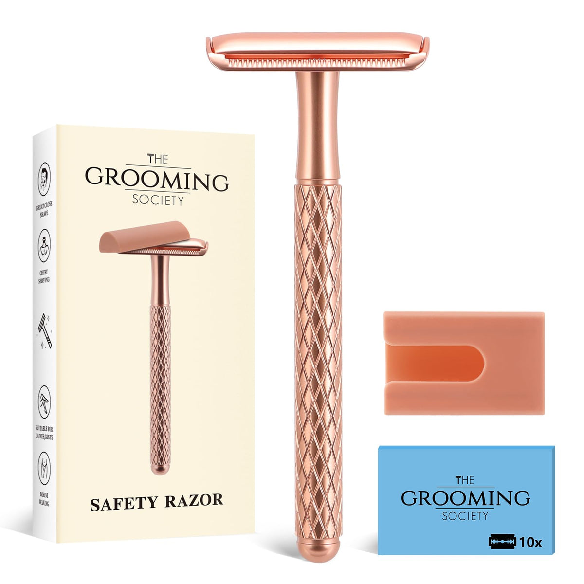 THE GROOMING SOCIETY front view of rose gold razor showcasing premium finish and durable build