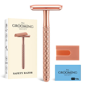 THE GROOMING SOCIETY front view of rose gold razor showcasing premium finish and durable build