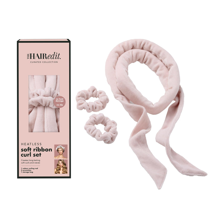 The Hair Edit front view of velour rod and scrunchies showing kit benefits