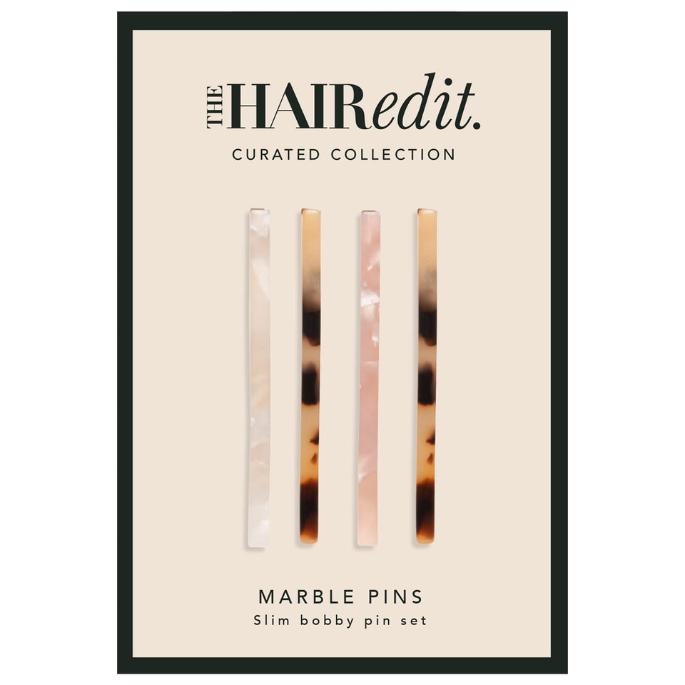 The Hair Edit marble bobby pins front view showing multicolor tortoise finish and easy style