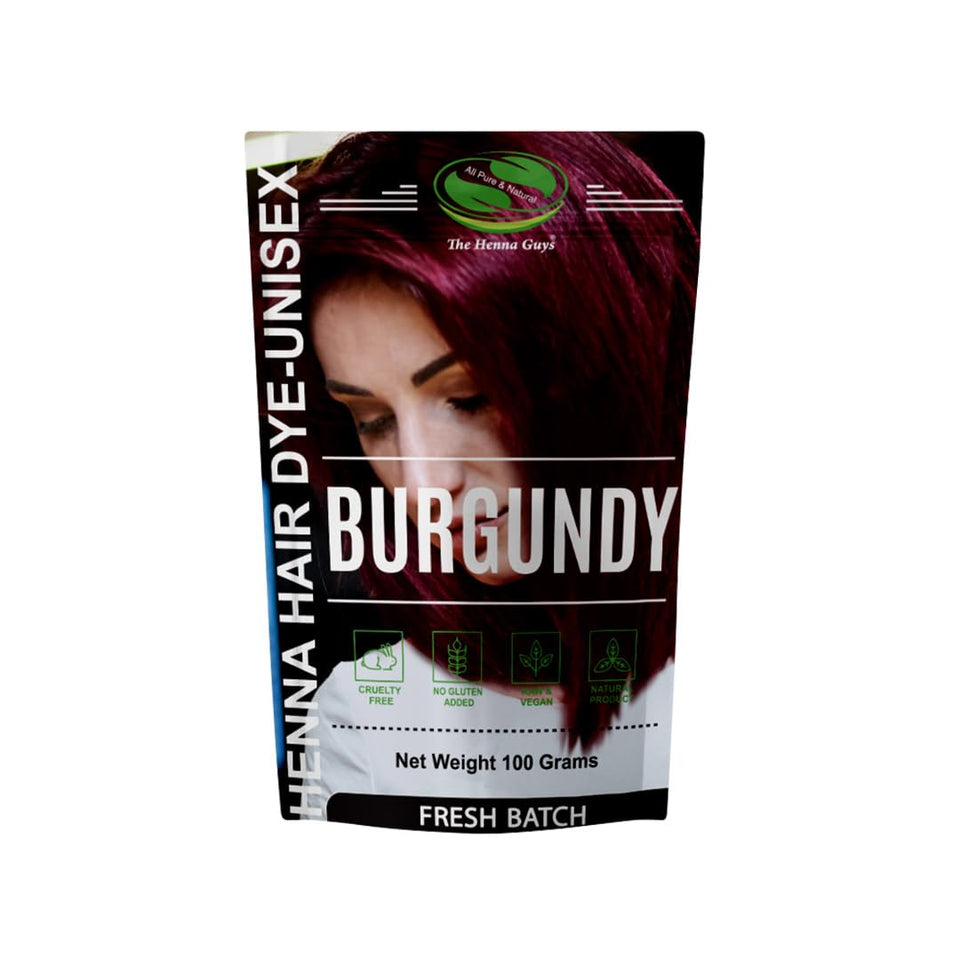The Henna Guys front packaging showing burgundy natural color and benefits