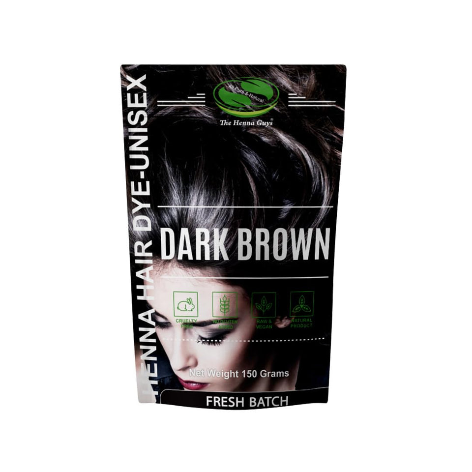 The Henna Guys front packaging showing 150 g pack for natural dark brown color