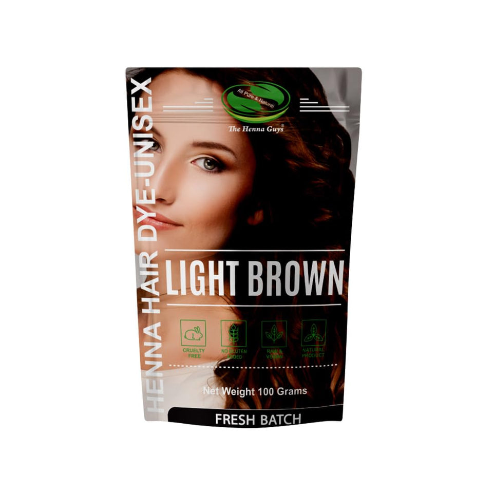 The Henna Guys front packaging of light brown henna showing product name and weight, natural color benefit