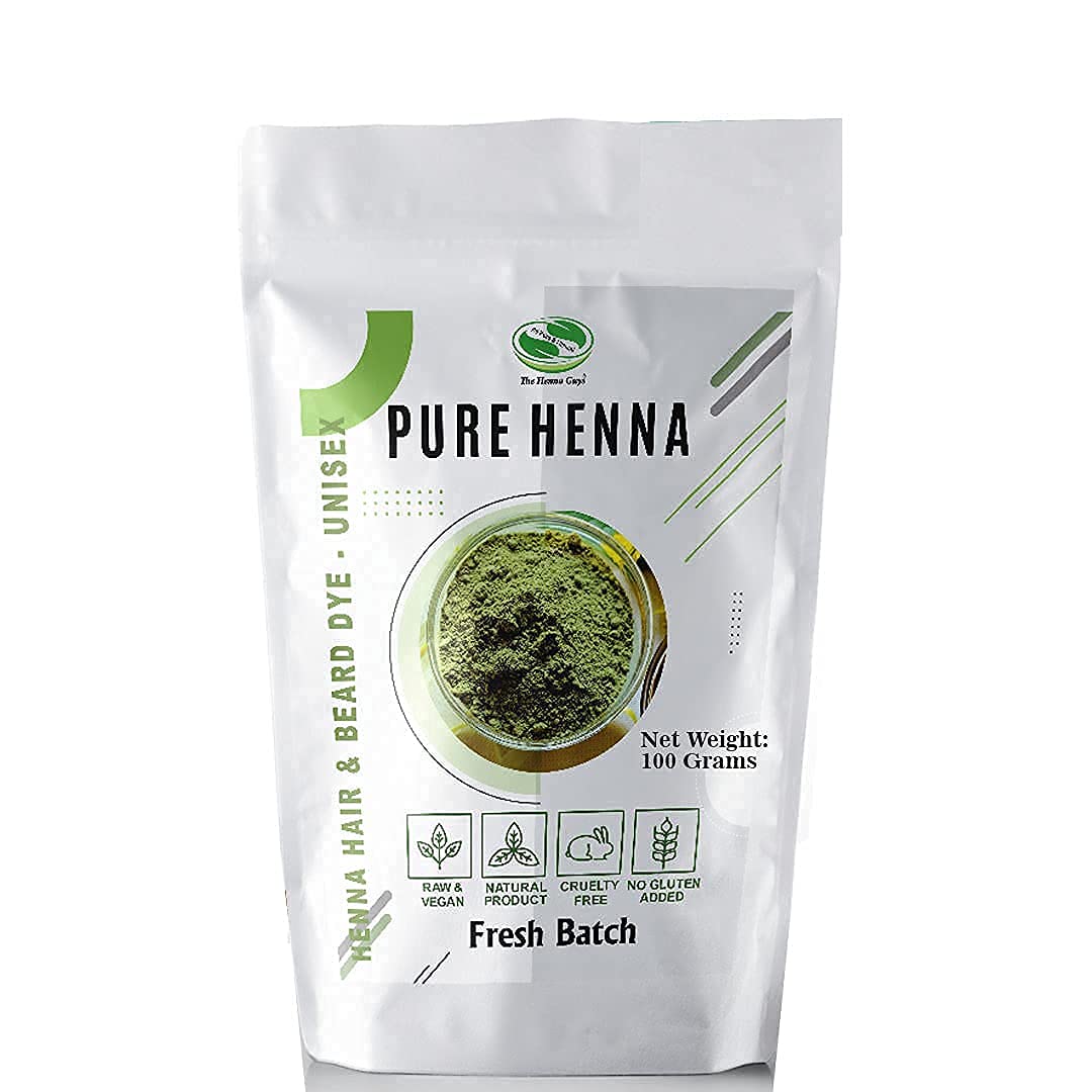 The Henna Guys front packaging showing red henna powder and label benefit