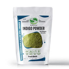 The Henna Guys indigo powder pouch front view showing natural dye benefits