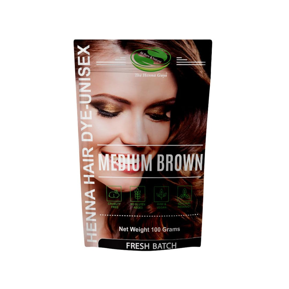 The Henna Guys front pack showing medium brown natural henna benefits