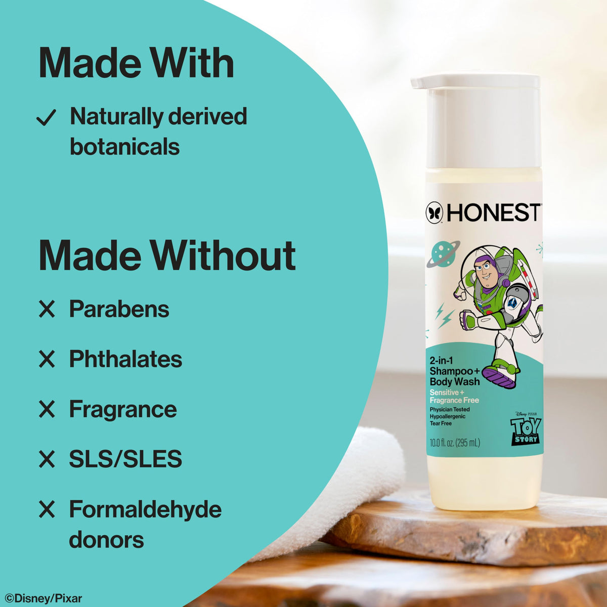 The Honest Company bottle staged on a bathroom shelf showing convenience and family friendly benefit