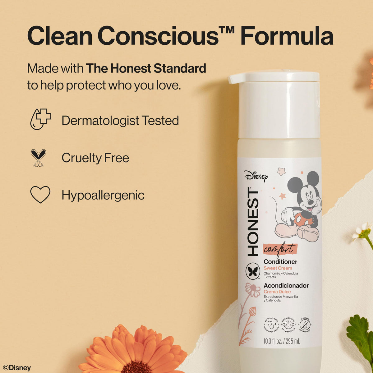 The Honest Company conditioner bottle beside Mickey toy showing family-friendly design benefit