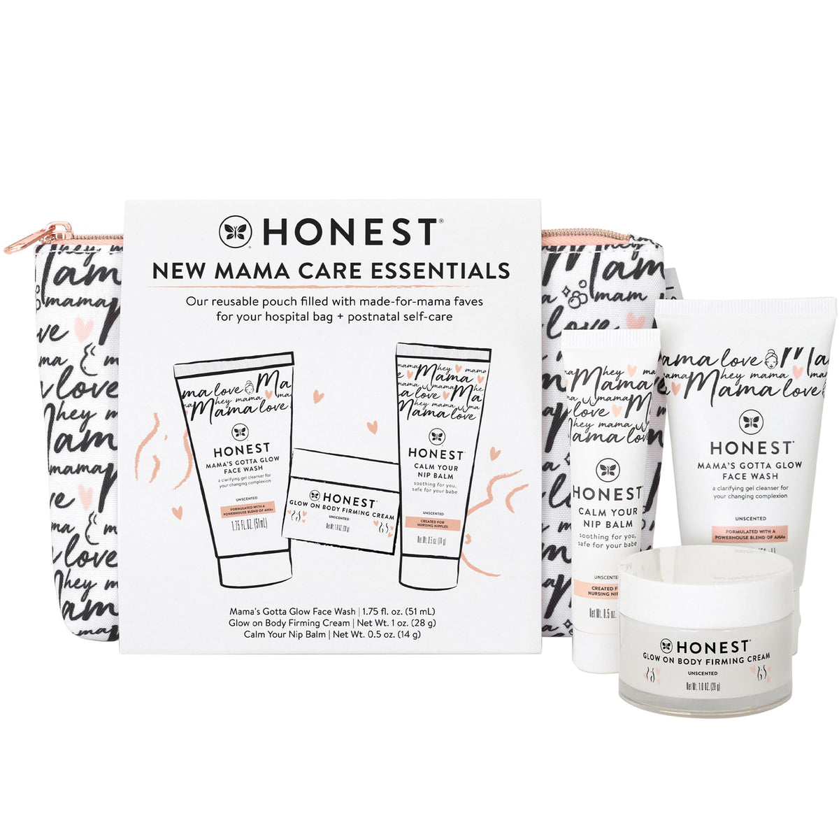 The Honest Company pouch and three travel-sized products for easy hospital packing