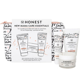 The Honest Company pouch and three travel-sized products for easy hospital packing