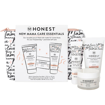 The Honest Company pouch and three travel-sized products for easy hospital packing