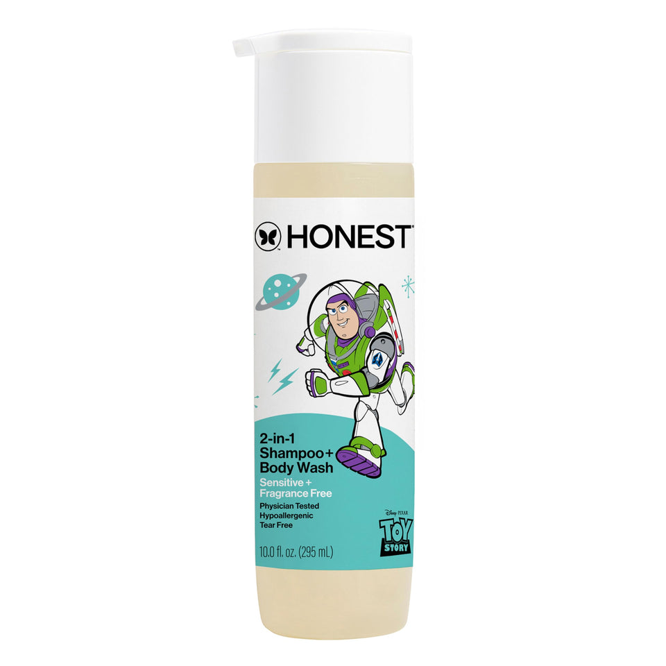 The Honest Company front packaging showing Toy Story character and benefit gentle cleansing