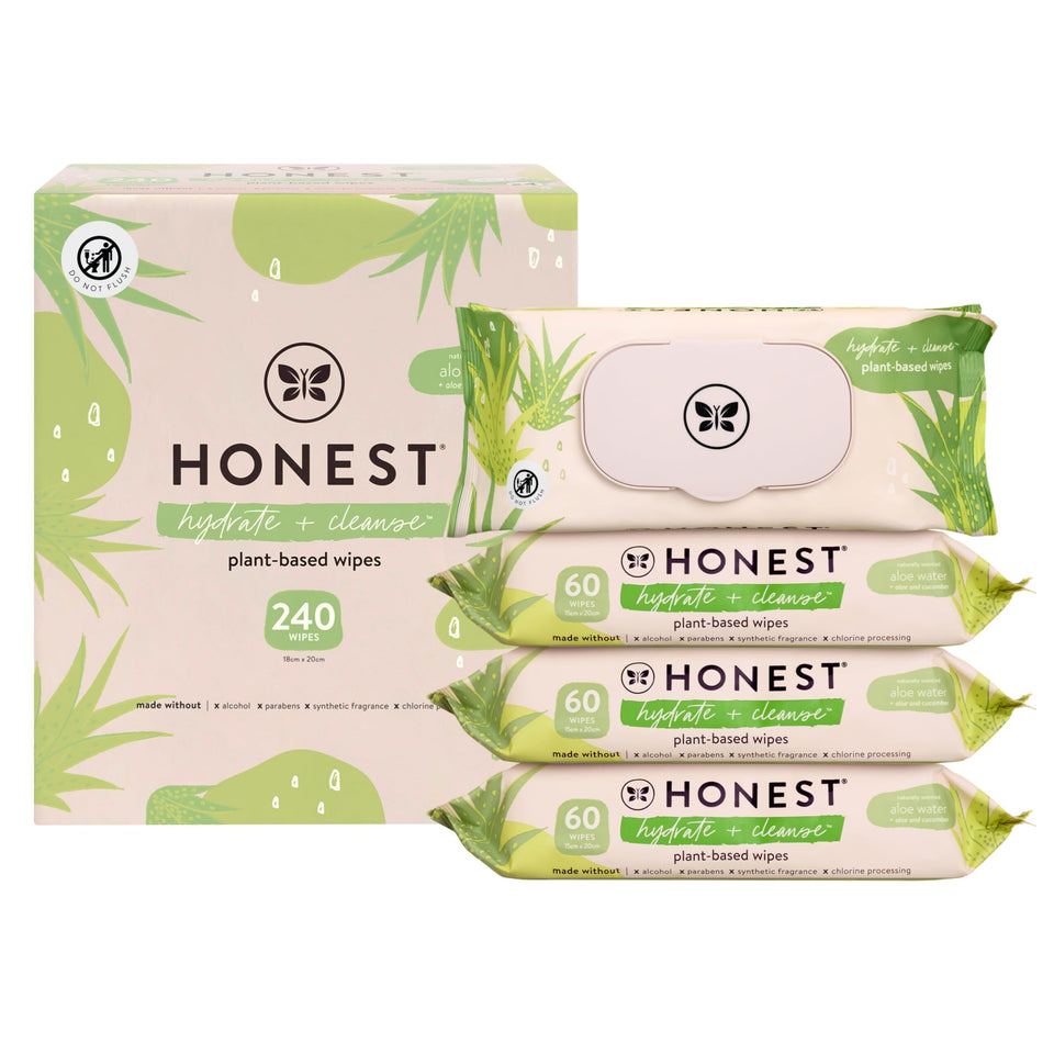 The Honest Company front packaging showing aloe cucumber 240-count and benefit