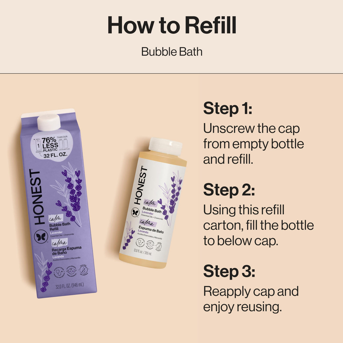 Carton next to standard bottle to show Honest Company refill 32 fl oz scale