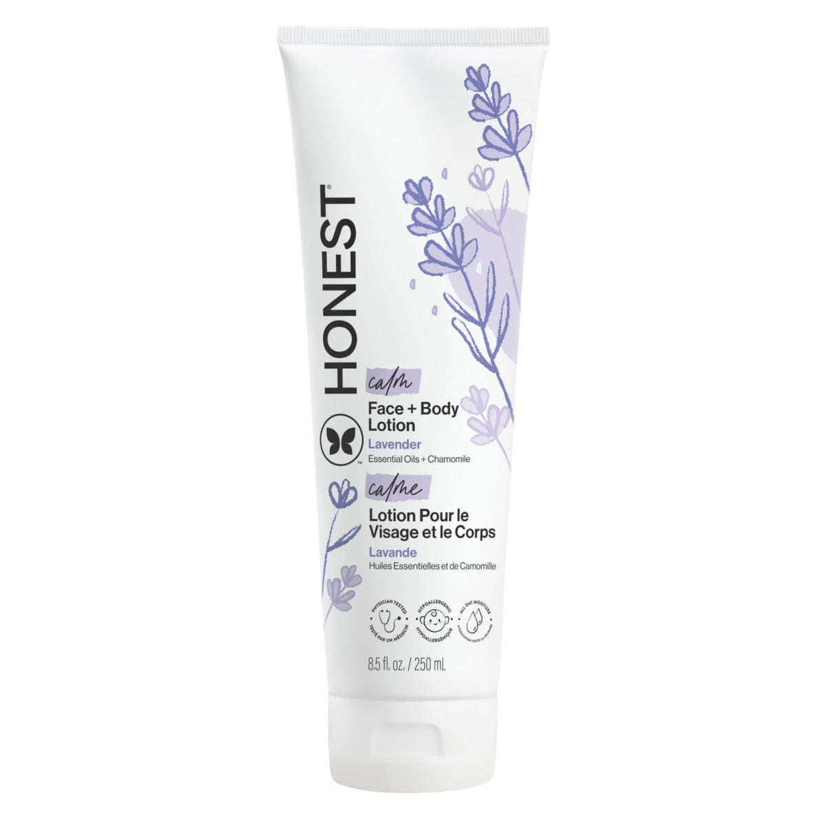 The Honest Company front packaging showing lavender lotion bottle and calming benefit