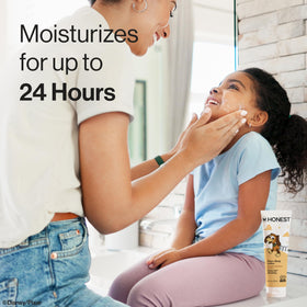 The Honest Company lotion texture swipe showing fast-absorbing, non-greasy hydration