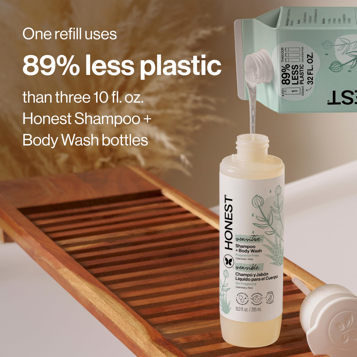 The Honest Company pump bottle staged in bathroom highlighting easy-dispense benefit