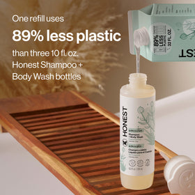 The Honest Company pump bottle staged in bathroom highlighting easy-dispense benefit