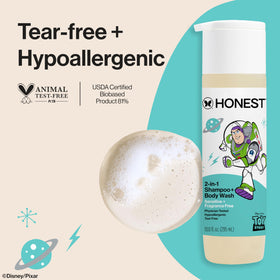 The Honest Company pump dispenser and label detail highlighting dermatologist tested benefit