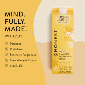 The Honest Company refill being poured into an empty bottle reducing plastic waste
