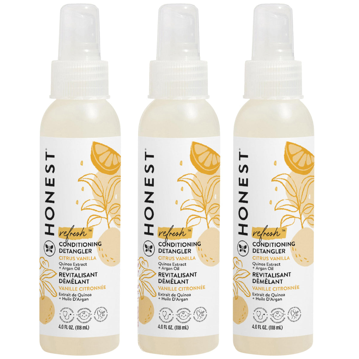 The Honest Company front packaging showing three Citrus Vanilla bottles for easy use