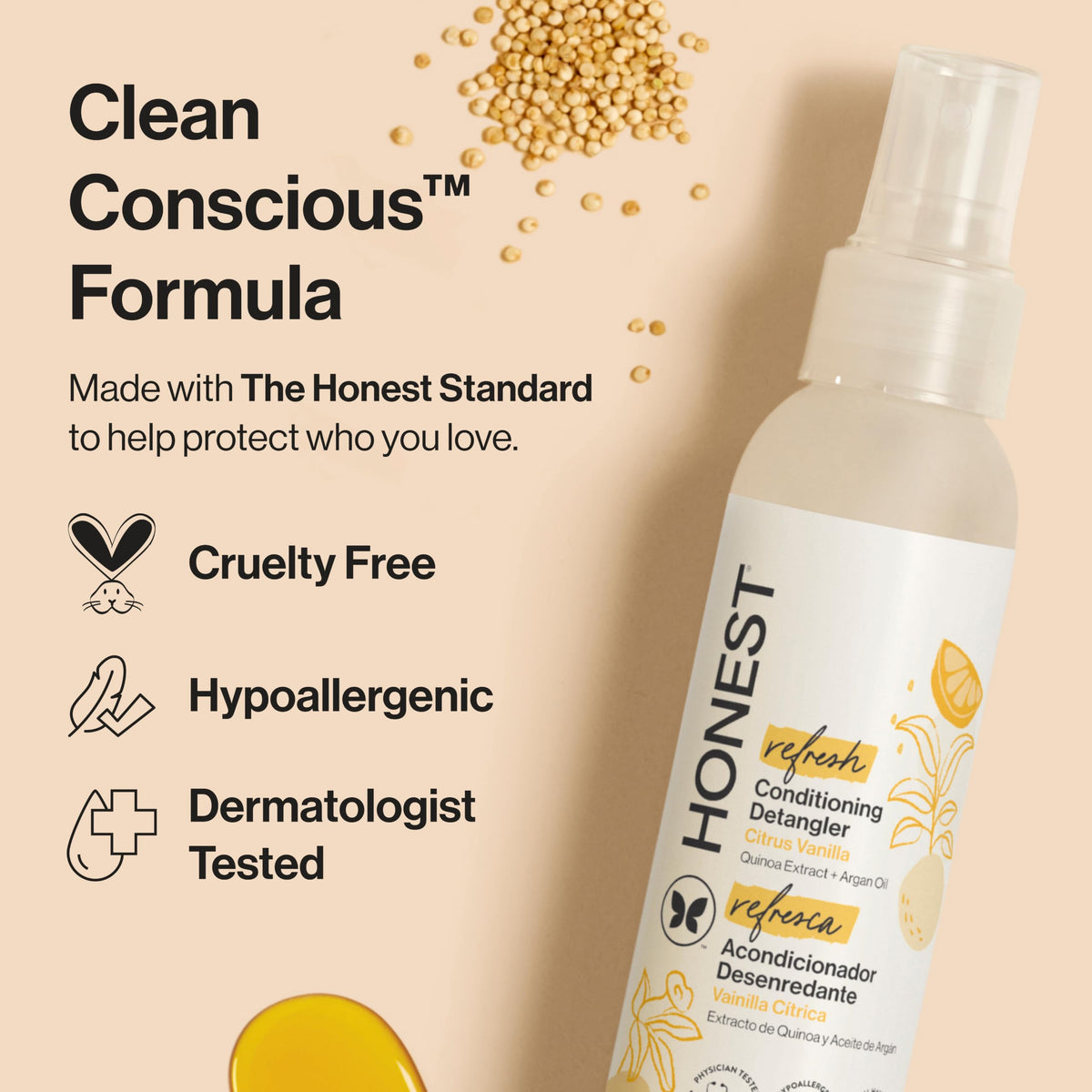 Fine mist texture of The Honest Company spray illustrating lightweight conditioning