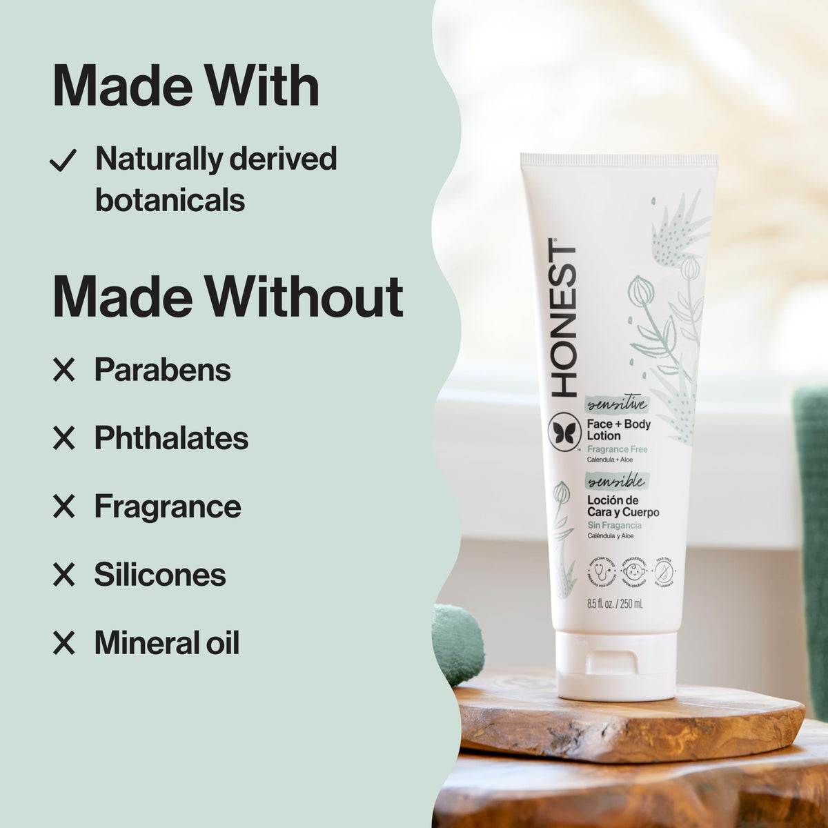Shea butter ingredient jar beside bottle showing The Honest Company nourishing benefit