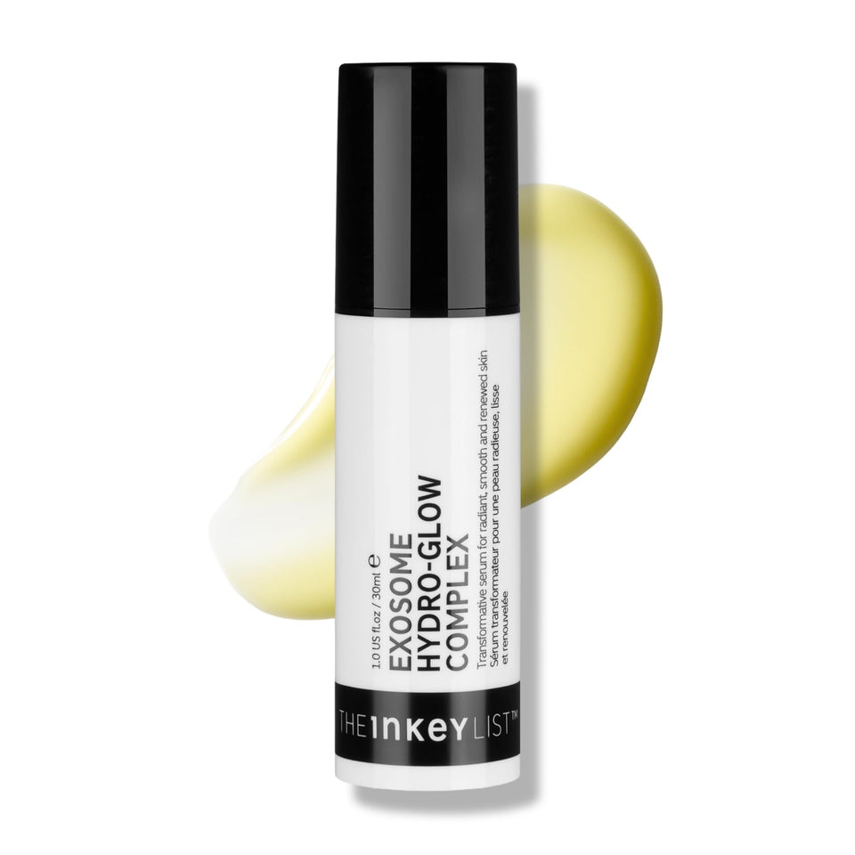 The INKEY List bottle front view showing serum packaging and glow benefits