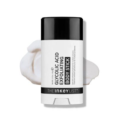 The INKEY List front packaging showing the glycolic body stick benefit