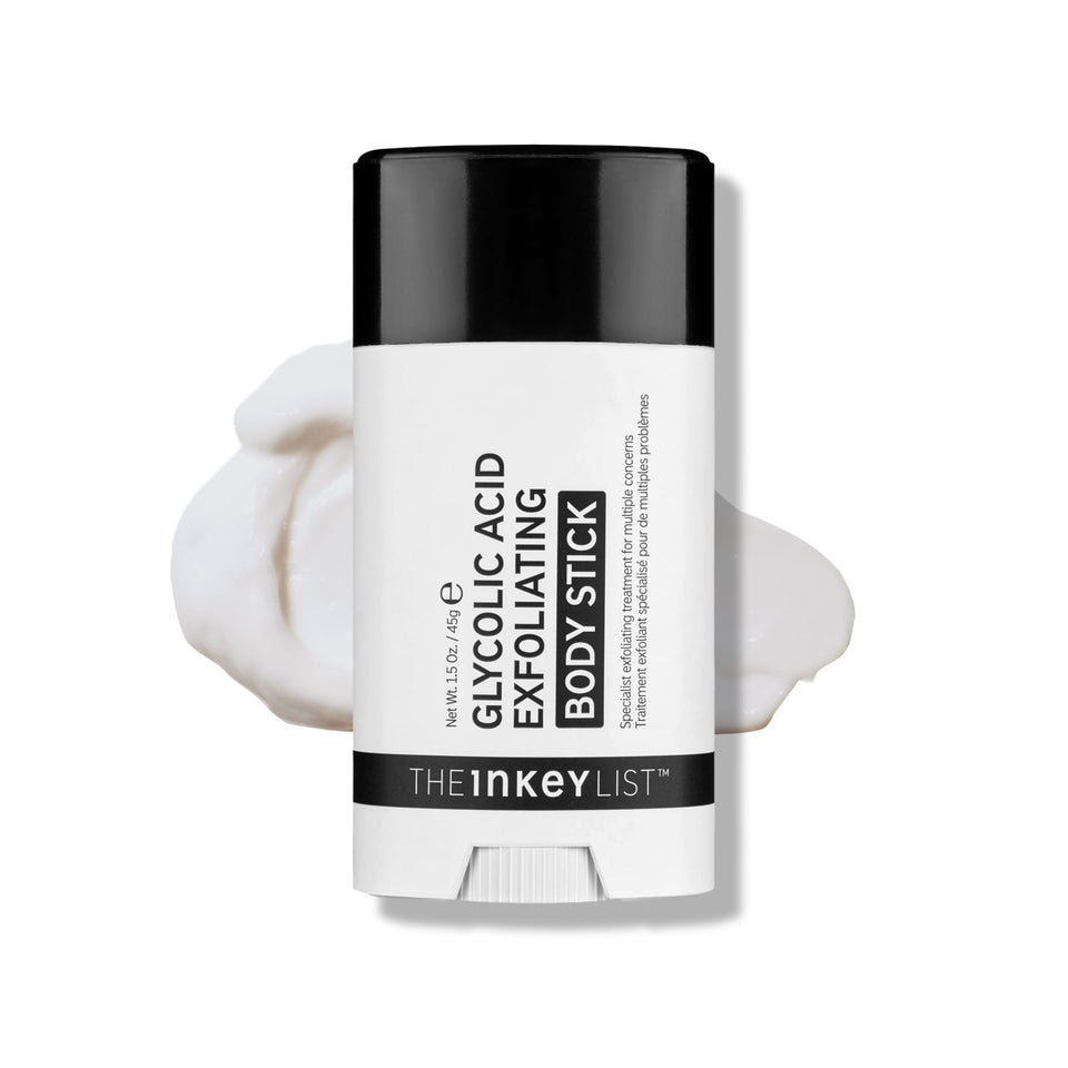 The INKEY List front packaging showing the glycolic body stick benefit