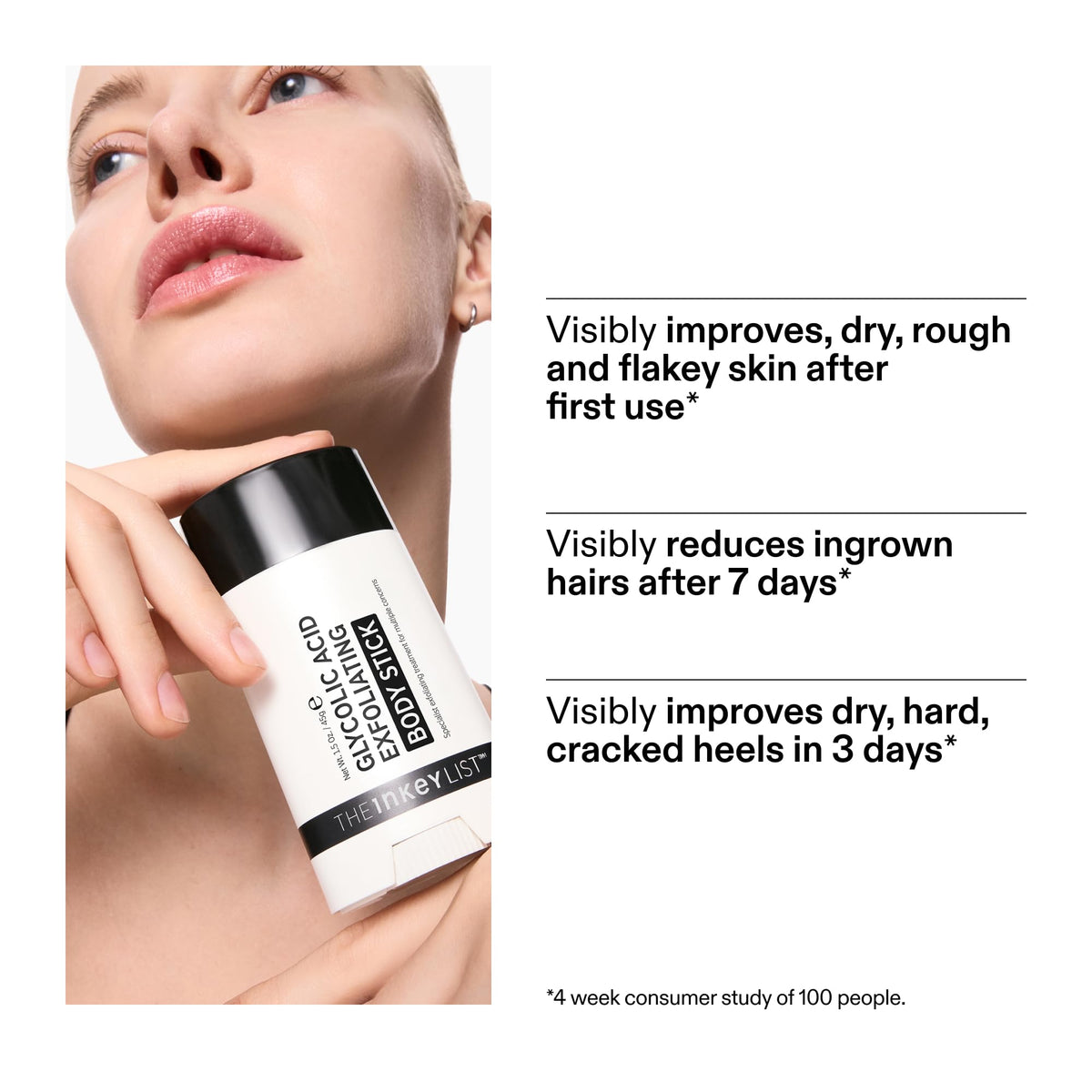 Applying The INKEY List stick to elbow to smooth rough, bumpy skin benefit