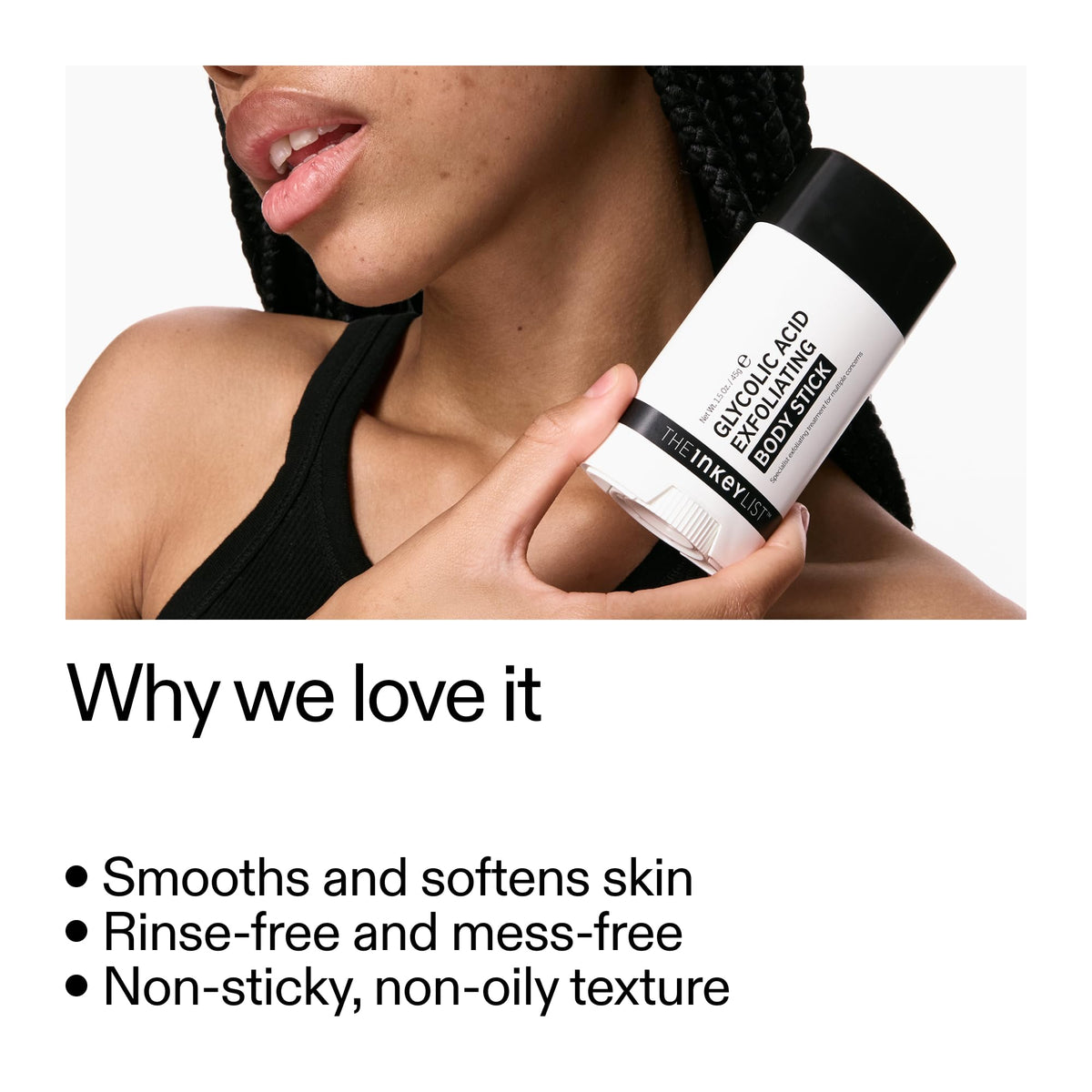 The INKEY List stick tip being applied to skin for targeted exfoliation benefit