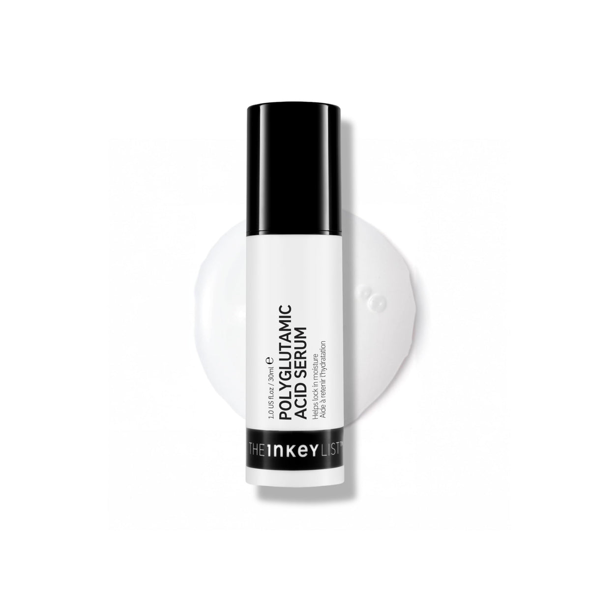 The INKEY List serum front packaging showing sleek bottle and clear label, hydrates skin