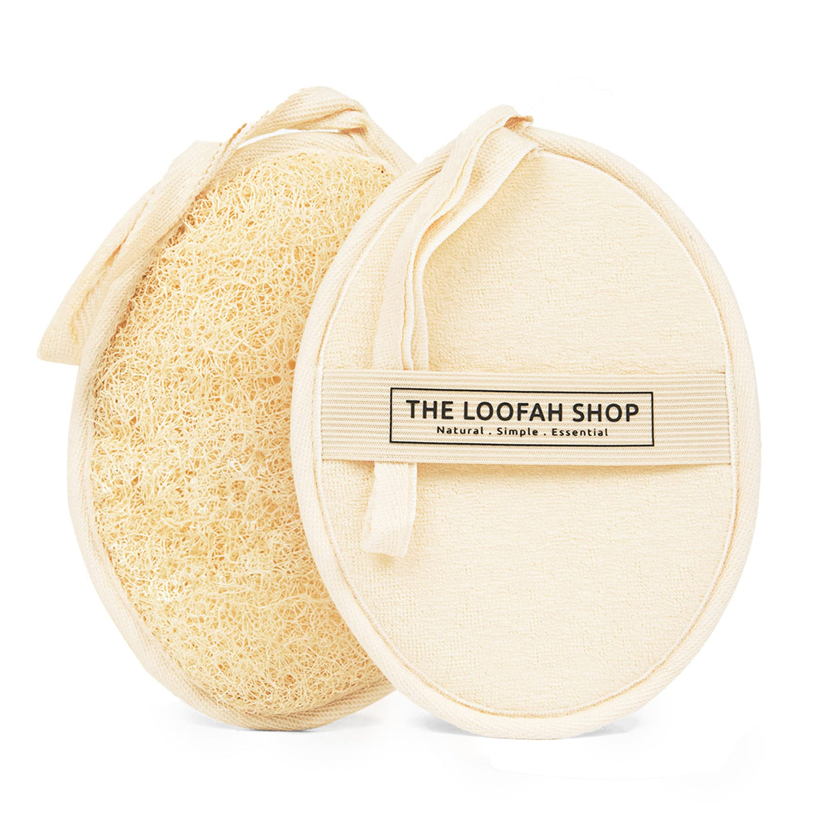 The Loofah Shop front view of two loofah sponges and cotton travel pouch, showcasing travel convenience