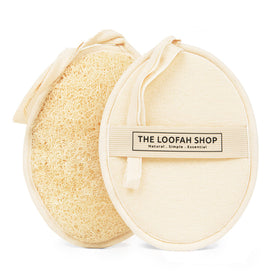 The Loofah Shop front view of two loofah sponges and cotton travel pouch, showcasing travel convenience