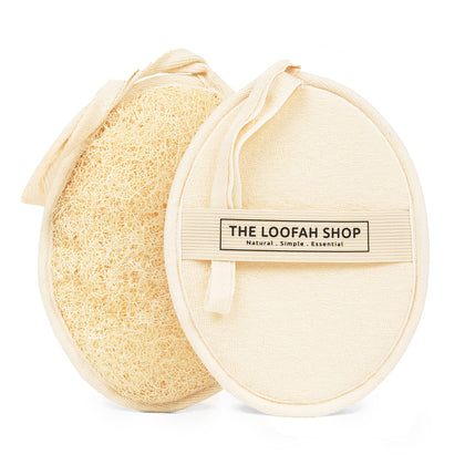 The Loofah Shop front view of two loofah sponges and cotton travel pouch, showcasing travel convenience